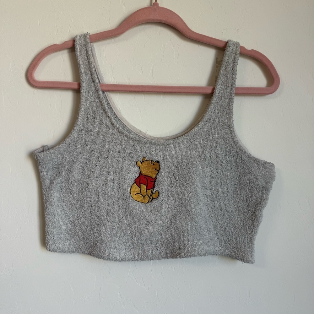 Disney Winnie The Pooh Embroidered Y2K Off White French Terry Crop Tank Top XL